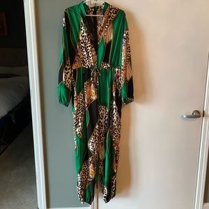 Super Cute fashionable mixed print animal, Black Green and Gold Jumpsuit